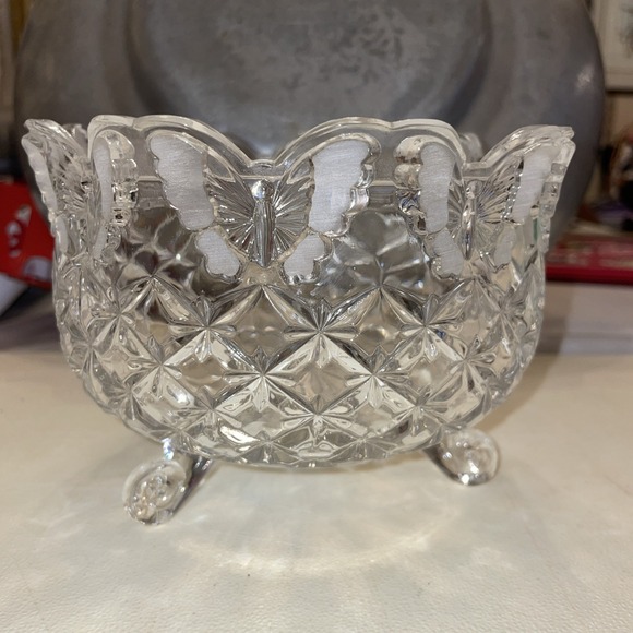 Hofbauer Lead Crystal Butterfly Papillon Bowl 3-Footed 4.5x6" Antique - Picture 2 of 10